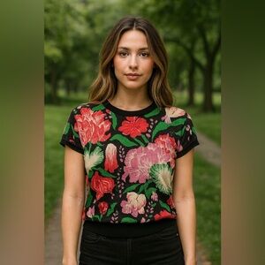 Anthropologie Maeve Sweater Blouse Size XS Color Black PInk Green Red